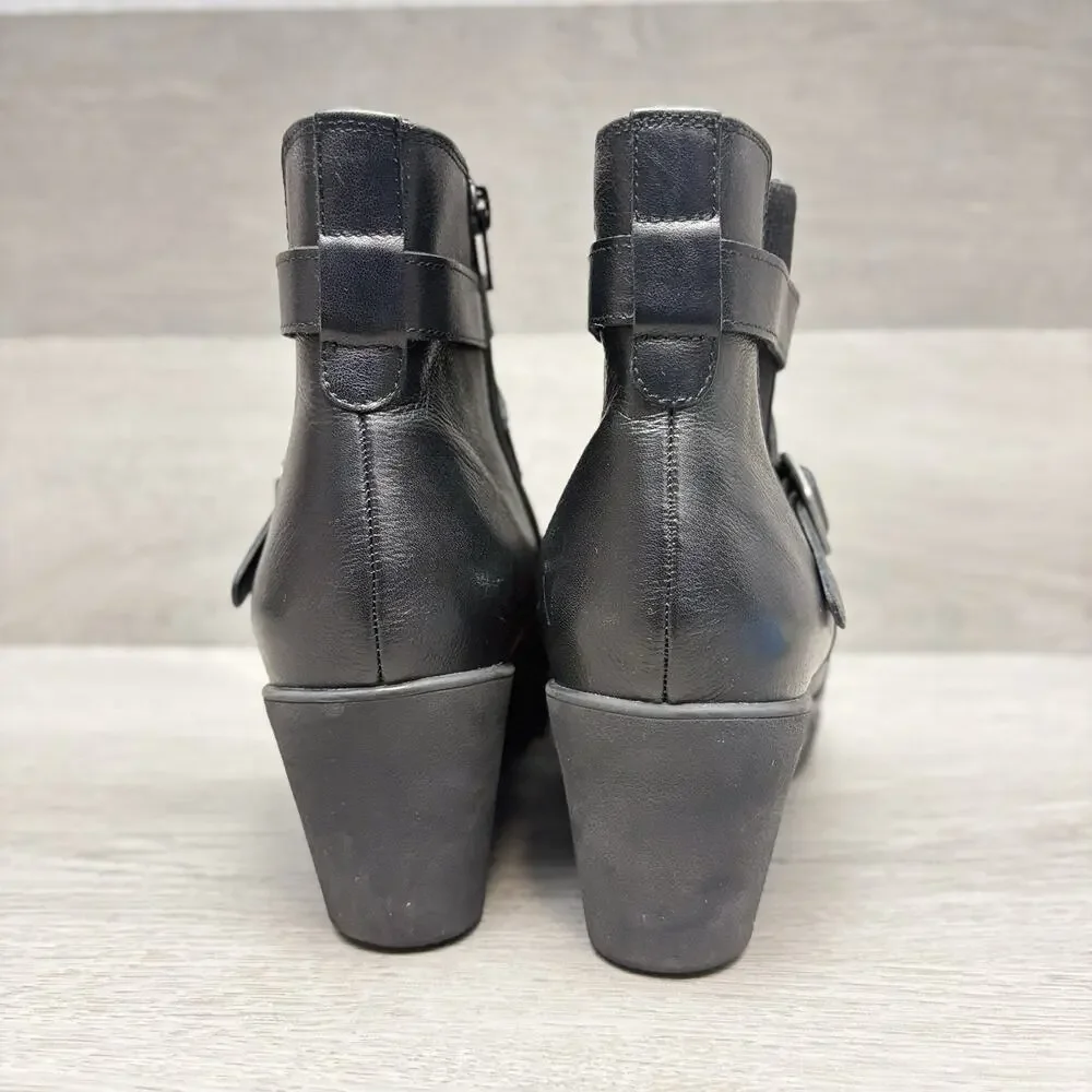 Abeo Wedge Booties Black Leather Buckle Comfort Side Zip Ankle Boots Size 10.5M